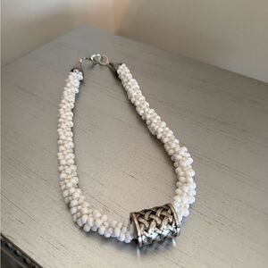 Handmade White Beaded Necklace with Silver Accent